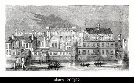 Una vecchia incisione del Tamigi che mostra il Palazzo di Whitehall (o White Hall), Westminster, Londra, Inghilterra, Regno Unito nel 1600. Il palazzo fu la residenza principale dei monarchi inglesi dal 1530 al 1698, quando la maggior parte delle sue strutture furono distrutte da un incendio. Enrico VIII trasferì qui la residenza reale dopo che i vecchi appartamenti reali del vicino Palazzo di Westminster furono anch'essi distrutti dal fuoco. Whitehall era un tempo il più grande palazzo d'Europa, con più di 1,500 camere. Il palazzo dà il suo nome alla famosa strada ora situata sul sito. Foto Stock