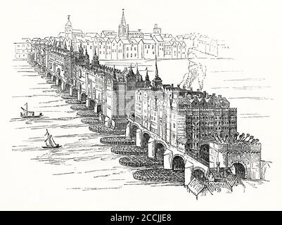 Una vecchia incisione di London Bridge c. 1650 raffigurante il ponte medievale con gli edifici da fine a fine. Questa struttura medievale in pietra ad arco sostituì i precedenti ponti in legno. I lavori iniziarono nel 1176. La sua conclusione è stata effettuata nel 1209. Aveva un ponte levatoio per consentire il passaggio di alte navi, più gatehouse difensive ad entrambe le estremità. Nel 1358 aveva 138 negozi sul ponte. Gli edifici sul London Bridge erano un grave pericolo di incendio. Le teste dei traditori sono state esposte su picchi presso lo Stone Gateway sulla riva sud (in basso a destra). Questo è iniziato nel 1300 circa e ha continuato fino al 1660 circa. Foto Stock