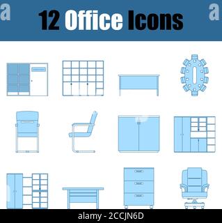 Set di icone Office. Linea sottile con design di riempimento blu. Illustrazione vettoriale. Illustrazione Vettoriale