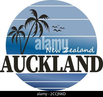Logo Auckland, Nuova Zelanda Palm Beach. Illustrazione vettoriale del disegno di paesaggio di avventura. Illustrazione Vettoriale