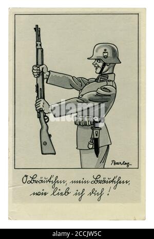 Cartolina storica tedesca: Smiling Wehrmacht soldato, con un Karabiner 98k in full gear, casco in acciaio, serie satirica, artista Barlog, Germania, 1939 Foto Stock