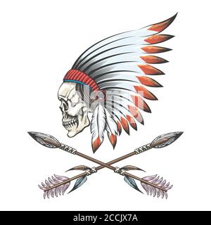 Cranio umano con cofano da guerra nativo americano e due frecce incrociate Tattoo. Illustrazione vettoriale. Illustrazione Vettoriale