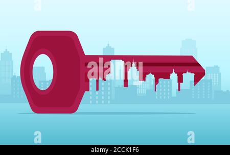 Vettore di un banner di logo immobiliare, chiave nella forma di un paesaggio urbano Illustrazione Vettoriale