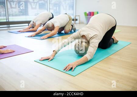 Gruppo di anziani attivi che praticano lo yoga insieme Foto Stock