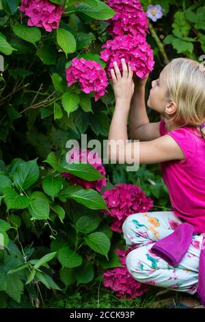 Carina bambina che guarda i fiori in giardino Foto Stock