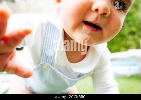 Bambino ragazzo strisciando sul prato Foto Stock