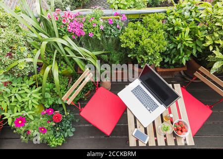 Computer portatile sdraiato su un tavolo da balcone circondato da varie erbe estive e fiori Foto Stock