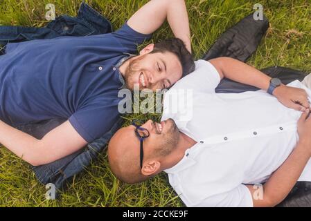 Sorridente coppia gay che si guarda l'un l'altro mentre si sdraiava terreno erboso nel parco Foto Stock