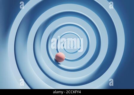 Rappresentazione tridimensionale di una sfera arancione che si avvolgono lungo la spirale blu Foto Stock