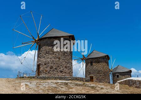 Grecia, Sud Egeo, Patmos, antichi mulini a vento in pietra Foto Stock