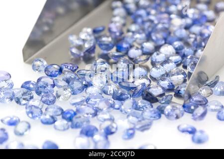 Preziosi zaffiri blu sulla pala di un gioielliere. Pietre preziose lucidate. Insieme di molte pietre. Foto Stock