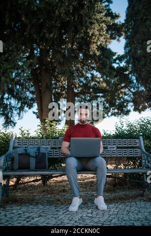 Uomo d'affari che usa il computer portatile mentre si siede sulla panchina nel parco Foto Stock