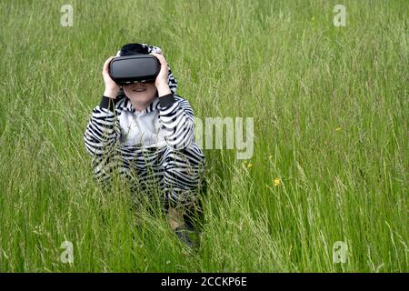 Ragazzo che indossa un costume di zebra utilizzando un simulatore VR tra l'erba Foto Stock