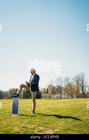 Uomo d'affari che usa il telefono cellulare mentre si è in piedi con pannello solare su erba al parco contro il cielo limpido durante la giornata di sole Foto Stock