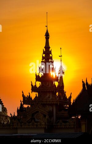 Myanmar, Yangon, guglie dorate della pagoda di Shwedagon al tramonto Foto Stock