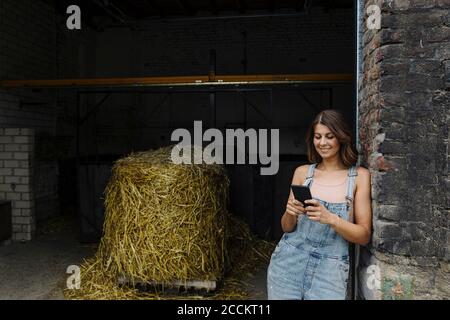 Giovane donna che usa il telefono cellulare in un fienile su un fattoria Foto Stock