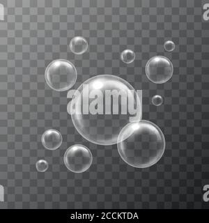 Bolle di sapone realistiche. Bolle d'acqua isolate su sfondo trasparente. Illustrazione vettoriale. Illustrazione Vettoriale