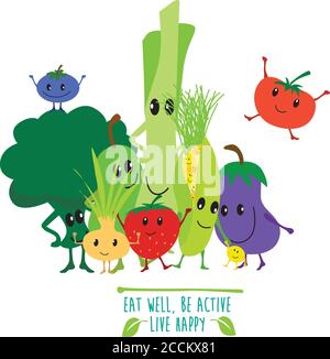 illustrazione vettoriale di un gruppo di frutta e verdura isolato su sfondo bianco Foto Stock