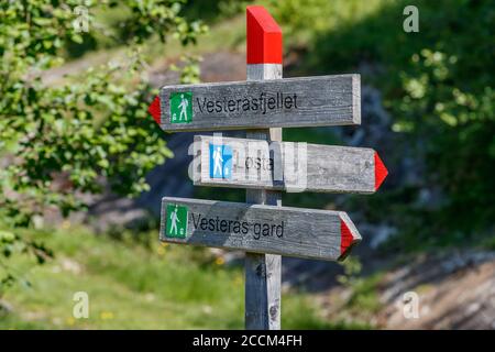 GEIRANGER, NORVEGIA - 2016 GIUGNO 13. Cartello escursionistico nella natura Geiranger Foto Stock