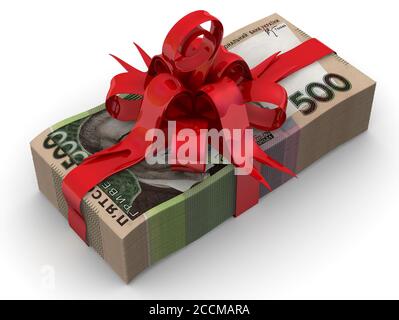 Soldi come regalo. Banconote ucraine di 500 hryvnia legate con un nastro rosso. Illustrazione 3D Foto Stock