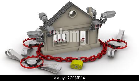 Telecamere TVCC, lucchetto sulla catena, trappola e un simbolo del bene immobile su una superficie bianca. Il concetto di protezione immobiliare. Illustrazione 3D Foto Stock