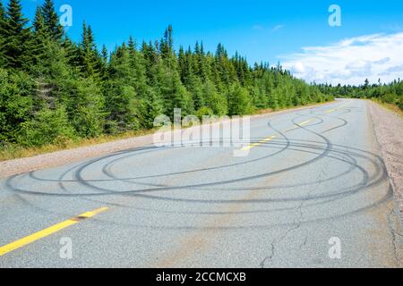 Più segni di slittamento su un'autostrada a due corsie. Molte tacche circolari. Gli alberi fiancheggiano la strada e il cielo è blu mostky sopra. Giorno di sole luminoso. Foto Stock