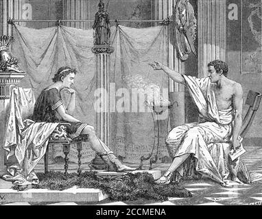 Aristotele e il suo allievo, Alessandro. Incisione in legno di Charles Laplante da un'opera di Frans Verhas, 1885 Foto Stock