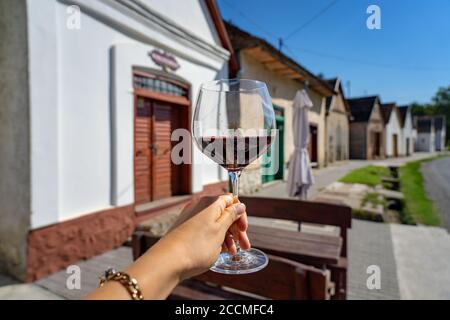 Bicchiere di vino rosso con molti colorati vini tradizionali cellers a Villanykovesd in una regione vinicola ungherese chiamata Villany Foto Stock