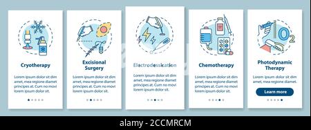 Trattamento del cancro della pelle onboarding schermo della pagina dell'app mobile con concetti Illustrazione Vettoriale