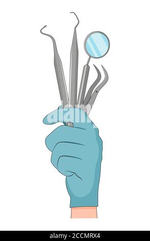 La mano del medico in guanto blu di lattice che tiene gli attrezzi dentali illustrazione vettoriale. Illustrazione Vettoriale