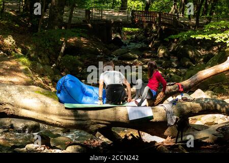 Coppia di escursionisti che si rilassano su un albero caduto log sopra il torrente di montagna fiume in estate soleggiata come shinrin yoku bagno foresta e fuga natura. Foto Stock