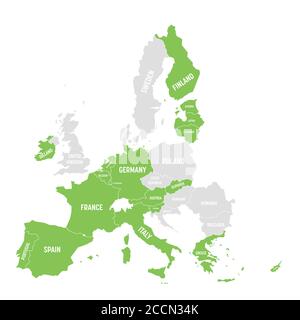 Mappa dell'Eurozona. Stati che utilizzano la valuta euro. Mappa vettoriale grigia degli stati membri dell'UE con i paesi dell'Eurozona evidenziati in verde. Illustrazione Vettoriale