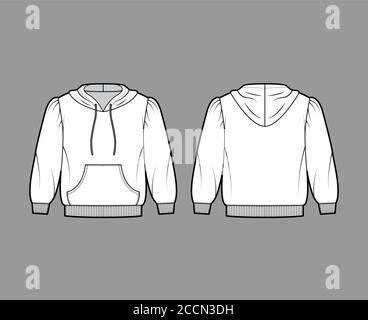Felpa con cappuccio in Jersey di cotone con fit sciolto, spalle gonfie, maniche a gomito, tasca anteriore. Mascherina per ponticelli piatta, colore bianco sul retro anteriore. Donna uomo maglia unisex Illustrazione Vettoriale