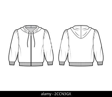 Felpa con cappuccio in Jersey di cotone con zip con spalle gonfie, maniche a gomito, finiture a coste. Mascherina per ponticelli piatta, colore bianco sul retro anteriore. Donna uomo maglia unisex Illustrazione Vettoriale
