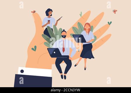 I piccoli lavoratori degli uffici sono seduti su una mano enorme. Concetto di un buon ambiente di lavoro confortevole, clima psicologico favorevole, retribuzione elevata e libertà Illustrazione Vettoriale