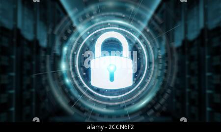 Interfaccia di sicurezza con lucchetto che protegge i dati isolati su sfondo blu 3D rendering Foto Stock