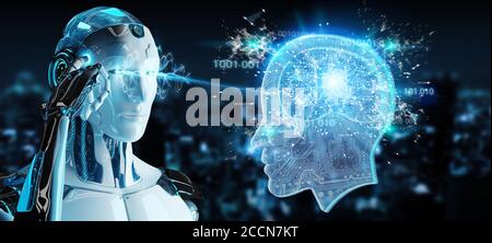 Cyborg su sfondo sfocato creando un rendering 3D di intelligenza artificiale Foto Stock