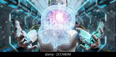 Cyborg su sfondo sfocato creando un rendering 3D di intelligenza artificiale Foto Stock
