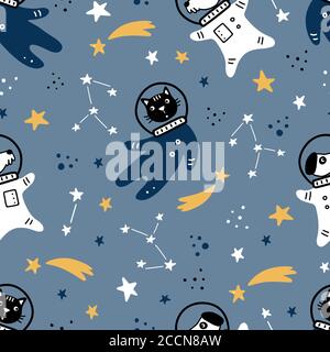 Disegno a mano senza giunture di spazio con stella, cometa, razzo, pianeta, gatto, elemento astronauta cane. Carino modello da stile doodle. Illustrazione vettoriale per tessuti per bambini, carta da parati per bambini, texture. Illustrazione Vettoriale