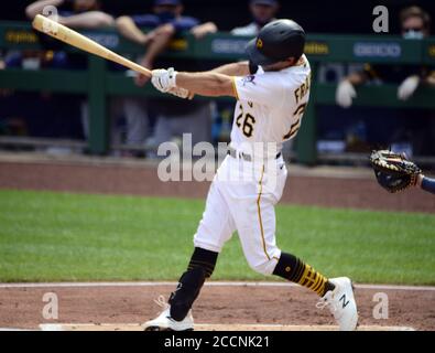 Pirates second baseman Adam Frazier steals second base as Cubs second  baseman Eric Sogard smothers the throw in the first inning on May 8, 2021,  at Wrigley Field. (Photo by John J.