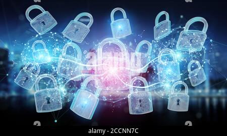 Interfaccia di protezione Web su rendering 3D con sfondo blu della città Foto Stock