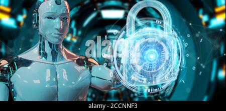 Interfaccia di protezione per la sicurezza Web utilizzata dal robot su sfondo sfocato Rendering 3D Foto Stock