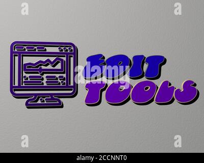 Rappresentazione 3D degli strumenti di modifica con icona sulla parete e testo disposto da lettere cubiche metalliche su un pavimento a specchio per significato concettuale e presentazione presentazione presentazione, illustrazione 3D Foto Stock