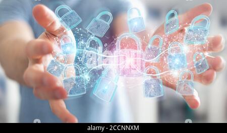 Interfaccia di protezione per la sicurezza Web utilizzata da un uomo d'affari sul rendering 3D in background sfocato Foto Stock