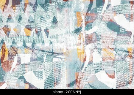 Mixed media creative background made of textured geometric shapes in cyan-yellow tones Foto Stock