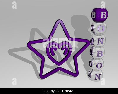 icona bonbon 3D accanto al testo verticale delle singole lettere, illustrazione 3D Foto Stock