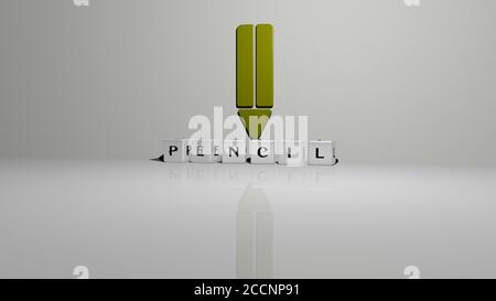 Testo a matita di lettere cubiche sul pavimento e icona 3D sulla parete, illustrazione 3D Foto Stock