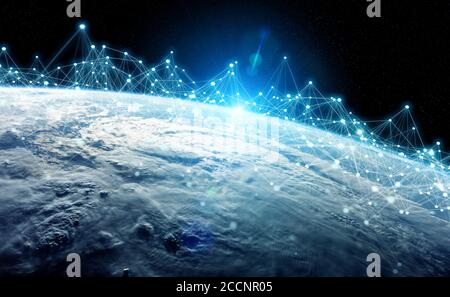 Scambi di dati globali e sistemi di connessioni futuristiche in tutto il mondo Elementi di rendering 3D di questa immagine forniti dalla NASA Foto Stock