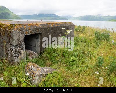 Resti di bunker della seconda guerra mondiale nel porto olandese nella comunità di Unalaska, Alaska. Foto Stock