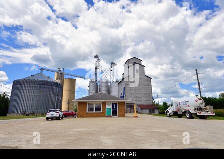 Earlville, Illinois, Stati Uniti. Gli ascensori per cereali sono complessi accanto a una linea ferroviaria a doppio binario in una piccola comunità dell'Illinois centro-settentrionale. Foto Stock